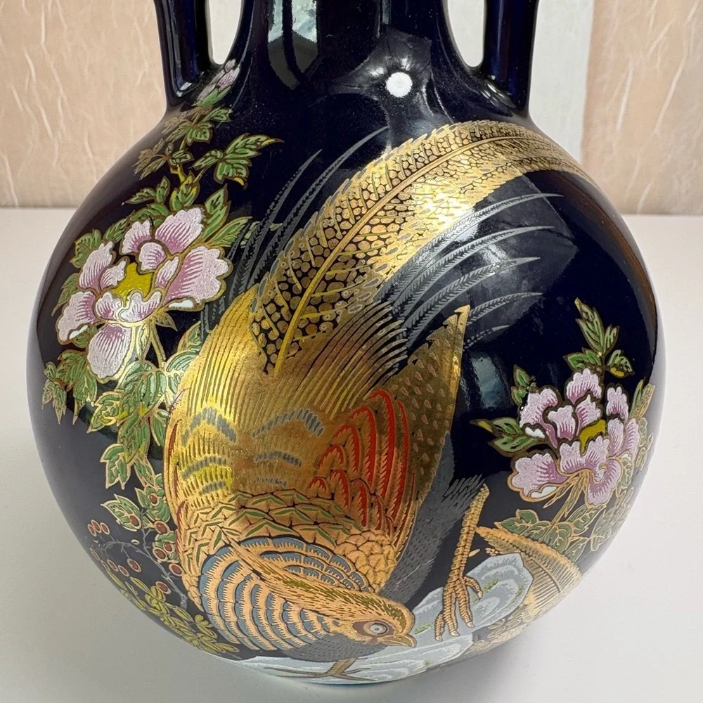 Vintage Japanese Cobalt Blue Porcelain Vase-Hand-painted Golden Pheasant